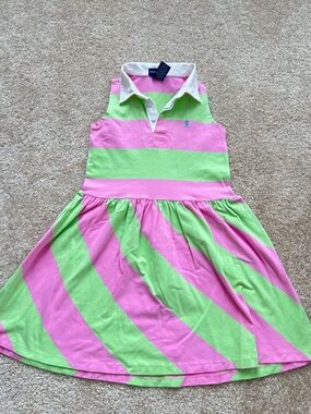 Ralph Lauren Pink, Green & White Striped Polo Collared Sleeveless Dress 6 6X